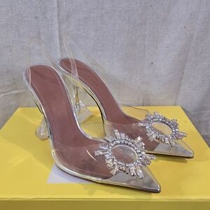 Amina Muaddi Clear Heels with Crystal Accents